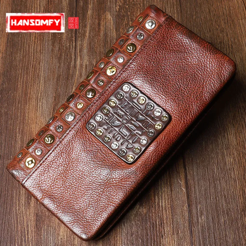 

Original retro art leather men and women long wallet first layer leather rivet hand fashion bag young wave punk style wallets