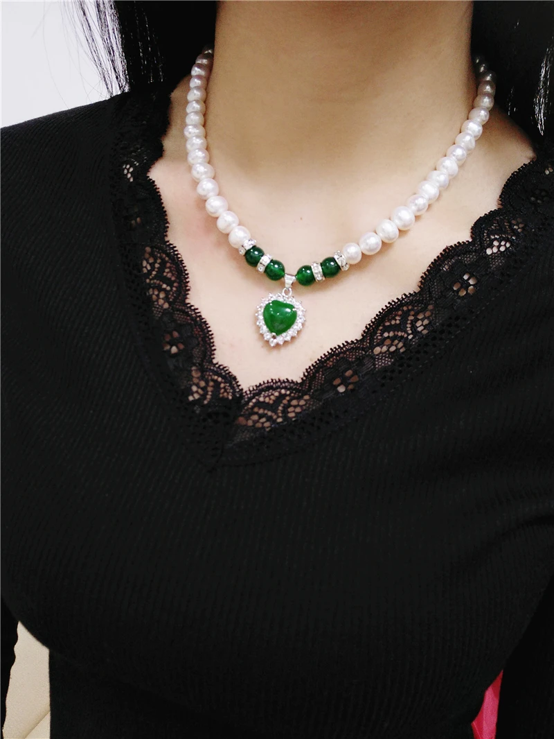 

Green jade pendant +white Natural freshwater pearl crystal Necklaces 7-8mm