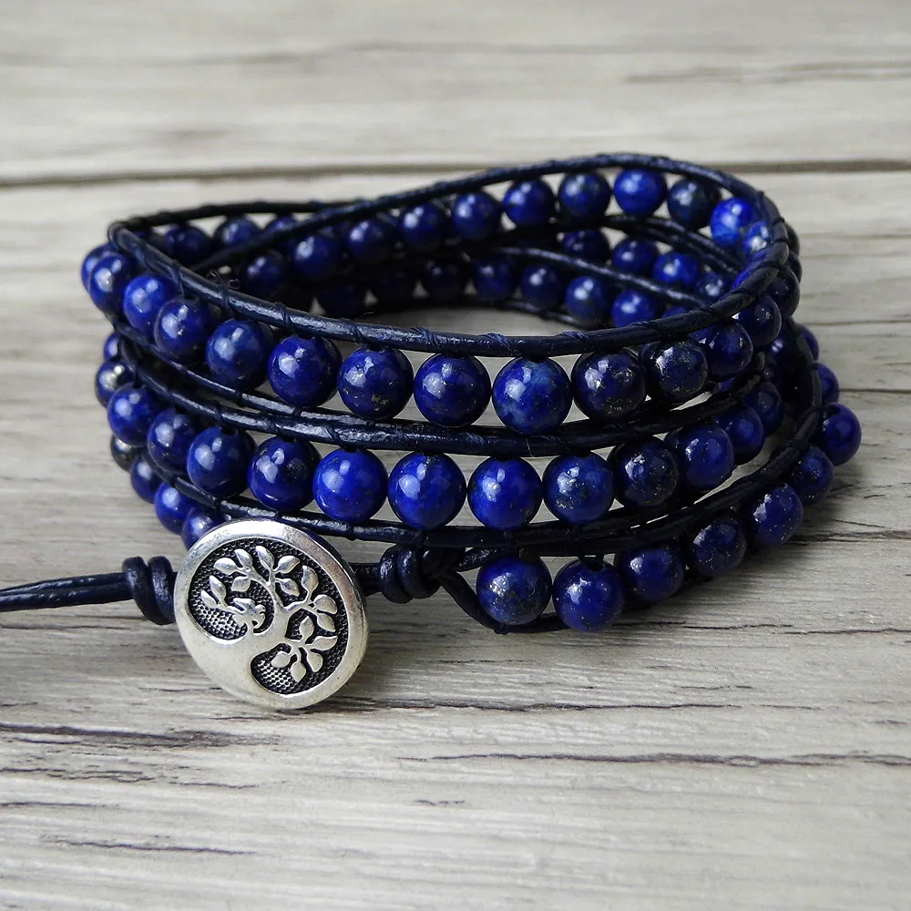 Buy navy blue beads bracelet boho leather wrap beads bracelet blue Lapis lazuli
