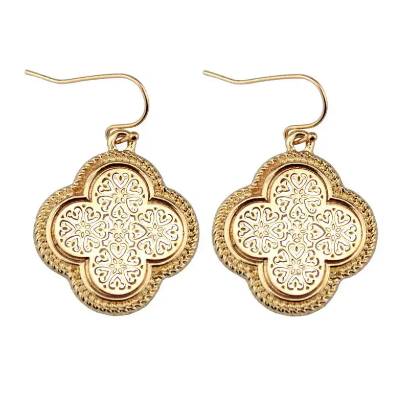 

Vintage Zine Alloy Cutout Quatrefoil Clover Statement Earrings Gold Silver Hook Bohemia Drop Earrings Fashion Jewelry For Women
