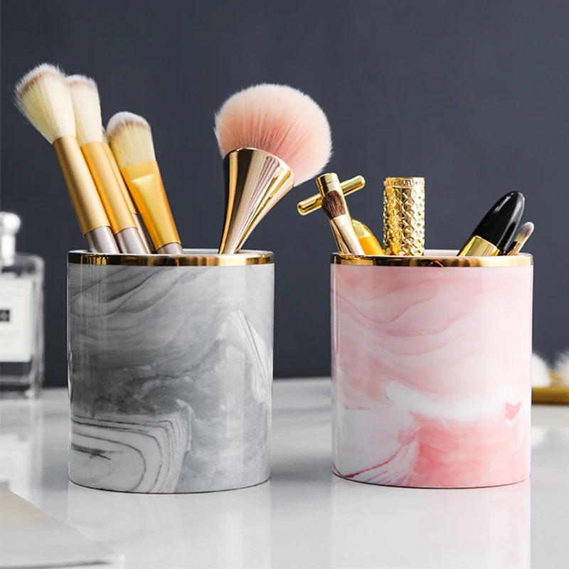

Fashion ceramics marble cosmetic pencil brush holder cylinder box marble cosmetic pen brush holder storage cylinder box