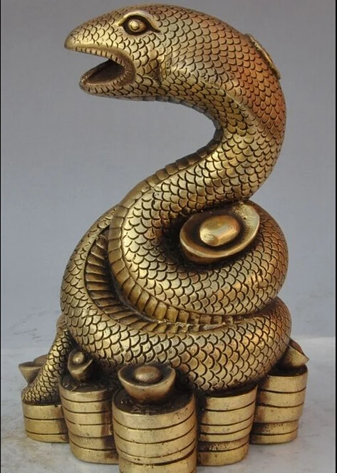 

9" chinese brass fengshui zodiac Spirituality animal Snake wealth money statue
