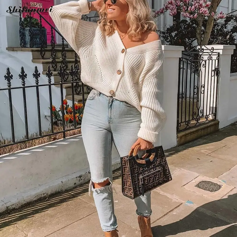 

2019 Fashion Solid White Knitted Cardigan V Neck Button Winter Sweater Coat Long Sleeve Gray Loose Causal Pull Femme Outerwear