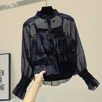 

Mesh Embroidery Stitching Chiffon Shirt Female 2019 Spring Summer New Lotus Leaf Side Nail Beads Perspective Blouses Shirts