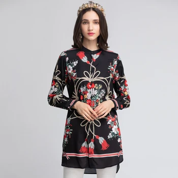 

New Runway Designer Blouses Women's Plus size Long Sleeve Black Floral Printed Long Shirts Fashion Tops 2019