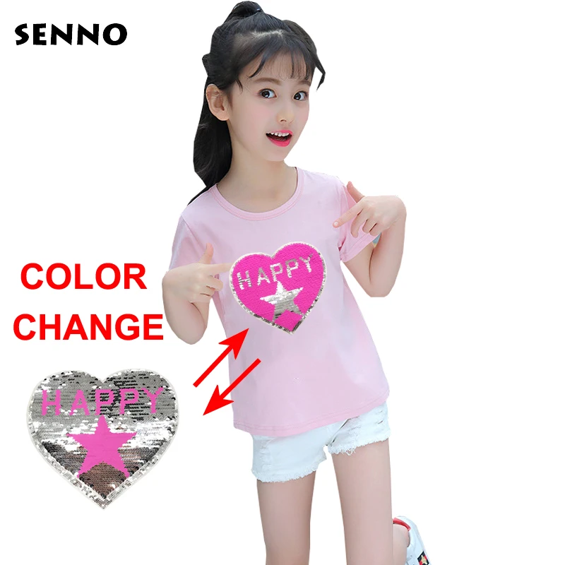 

Magic Glitter Sequined Tops Switchable Heart Hello Happy Days Pattern Reversible Change Color Double Sequins T shirt Girl Kids