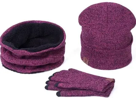 rose red Теплый комплект из 3 предметов, зимние шапки, шарф, перчатки для женщин и мужчин, толстые хлопковые зимние аксессуары, набор женских мужских шапок, шарф, перчатки - Цвет: rose red