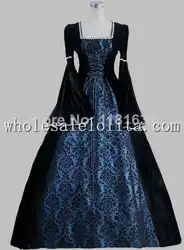 Готический черный и синий Принт Элегантный викторианский бальное праздничное платье Платье для косплея
