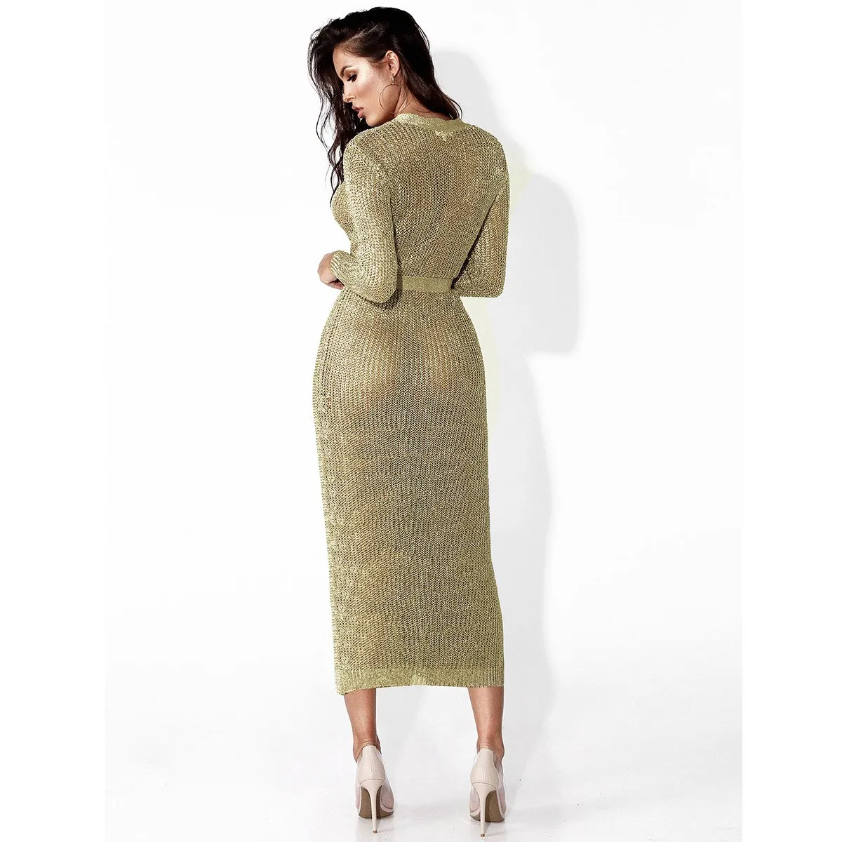 Women Sexy Club Rose Gold Knitted Sweater Dress New Autumn Winter Long Sleeve V-Neck Party Dresses Dresses