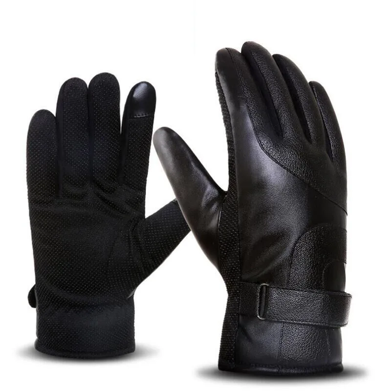 

SUOGRY New Winter Men Leather Gloves Plus Thick Velvet Warm Gloves Simple Prevent Cold Gloves for Men
