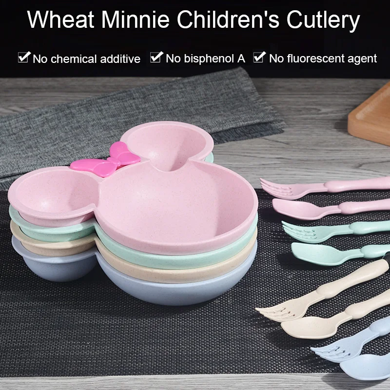 Children Baby Bamboo Tableware Solid Feeding Mickey Dishes Baby Bowl Plate Food Feeding Dinnerware Set Plates for Children