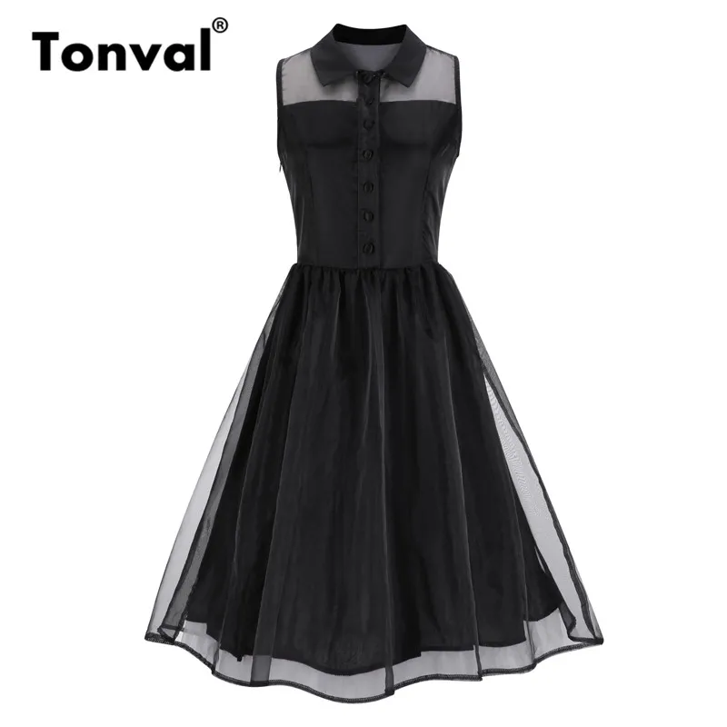 

Tonval Vintage Mesh Turn-down Collar Summer Shirt Dress Office Lady Black Dress Women Casual Pleated Flare Dresses