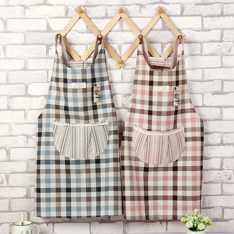 

Cotton Linen Plaid pattern Apron Woman Adult Bibs Home Cooking Baking Coffee Shop Aprons Kitchen Restaurant apron Accessories