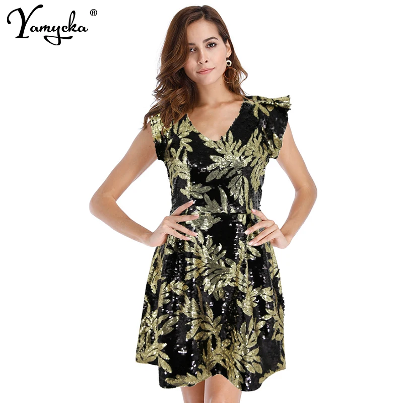 

Sexy Mini Sequin Leaves Print Dress Women Fashion Slim Vintage Vestidos Evening Party V Neck Dresses 2019 Summer New