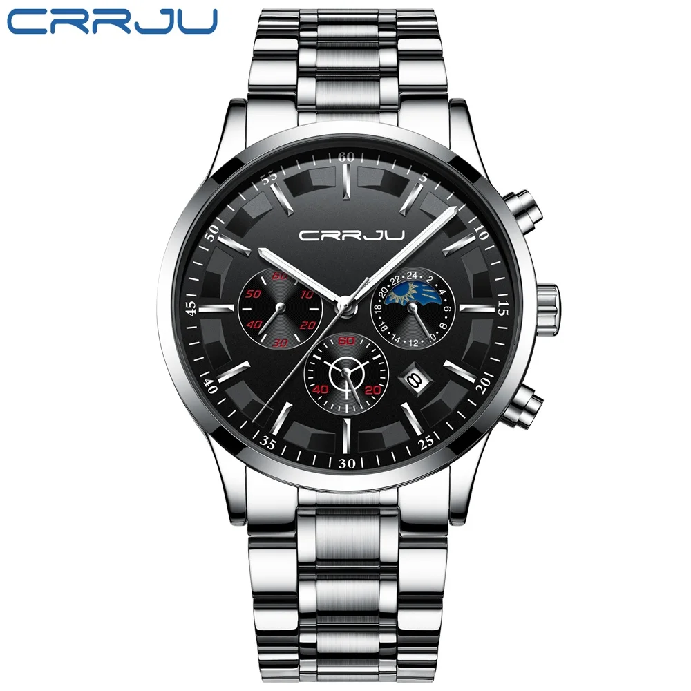 Relogio Masculino часы мужские CRRJU модные спортивные кварцевые часы мужские s часы Топ бренд класса люкс Бизнес водонепроницаемые наручные часы - Цвет: Steel silver black