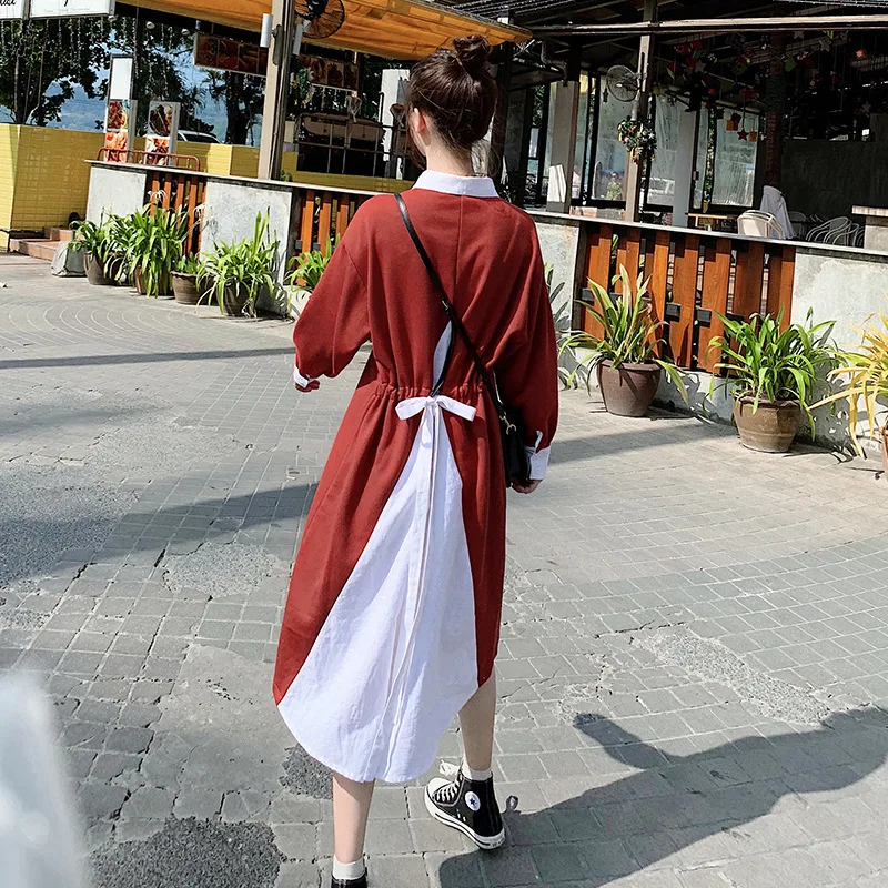 

LANMREM 2019 Spring New Back Patchwork Dress For Women Fake Two-piece Turn Down Collar Long-sleeved Fashion Casual Clothes QF149