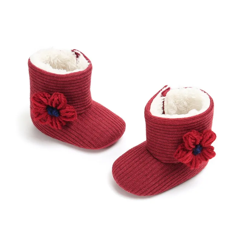 Детские ботинки для новорожденных; бархатные вязаные шерстяные ботинки с мягкой подошвой для малышей; теплые ботинки с цветочным рисунком