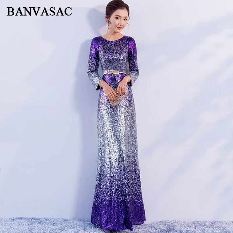 

BANVASAC 2018 Elegant O Neck Sequined Mermaid Long Evening Dresses Party Metal Leaf Sash Zipper Back Prom Gowns