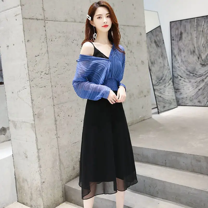 

Spring Summer Women Two Piece Set Femme Ensemble Clothing Blouse + Sling Dress Sets Ladies Plus Size 3XL Slim Chiffon Suits F82
