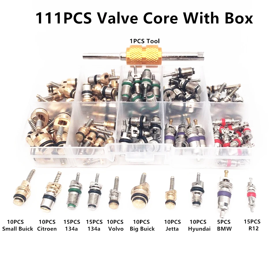 

111PCS Mixed R134a R12 Car Air Conditioning Valve Core And Wrench With Box Set For Buick Citroen FuKang Jetta BMW Volvo Hyundai