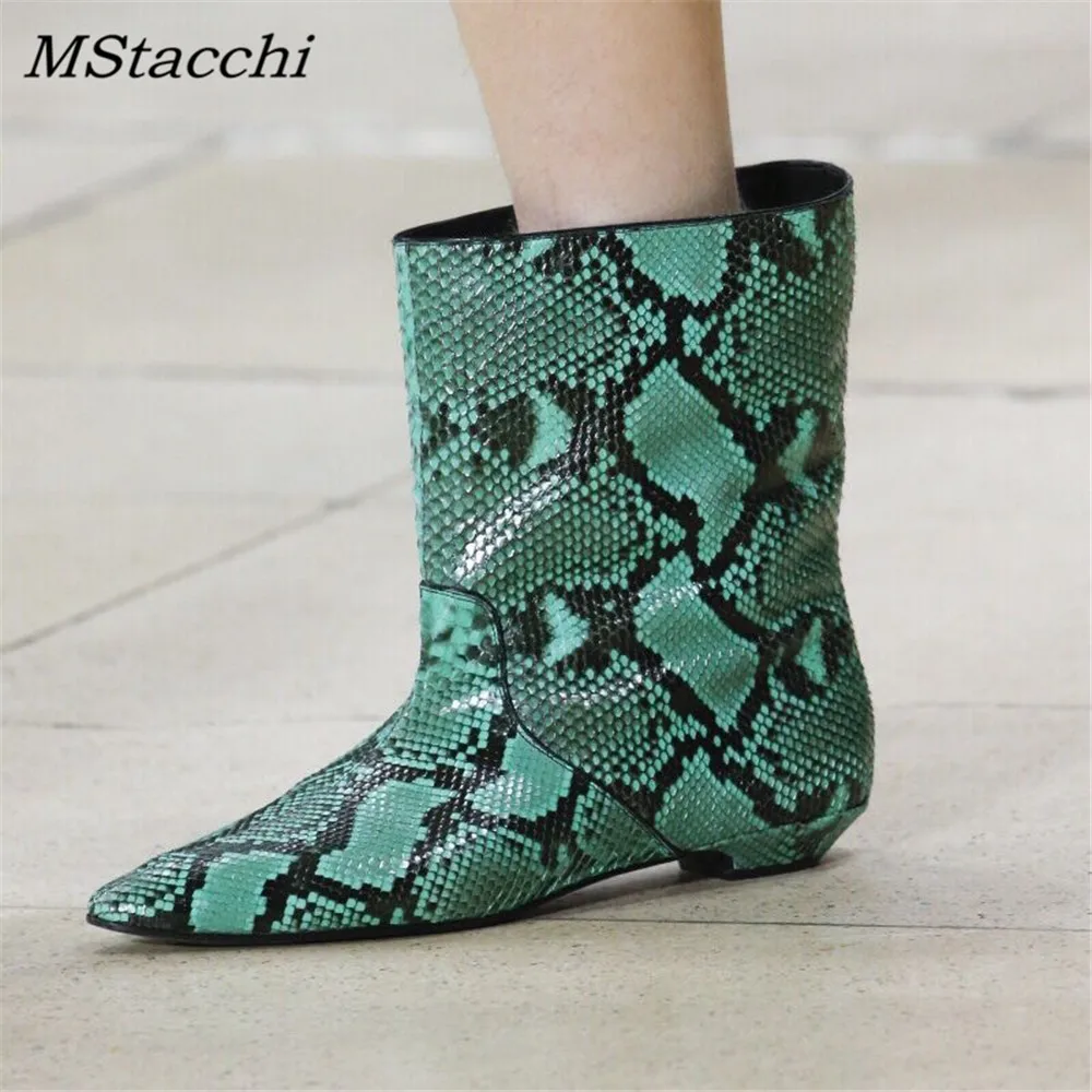 Najtaniej MStacchi wybieg mody skórzane krótkie buty szpiczasty nosek żółta skóra węża botki dla kobiet deszcz buty płaski obcas Botas Mujer