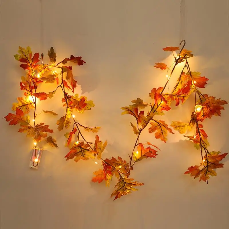 

180cm Autumn Color Yellow Happy Christmas Rattan Maple Leaves Pendant With Copper Wire Lamp Home Decoration