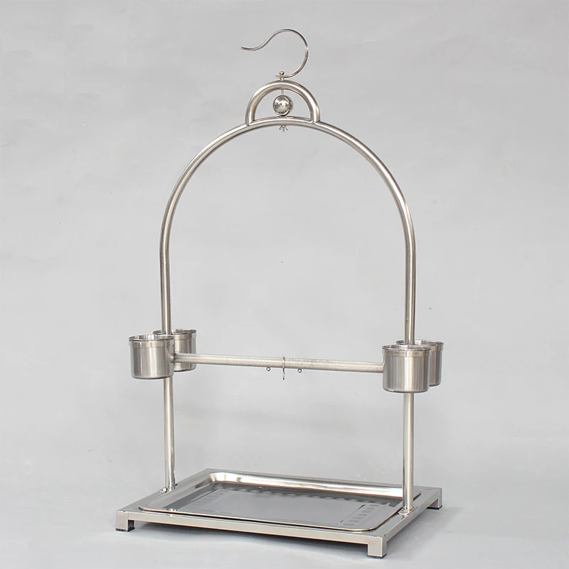 Portable Stainless Steel Parrot Stand With Perch And Feeding Cups Bird