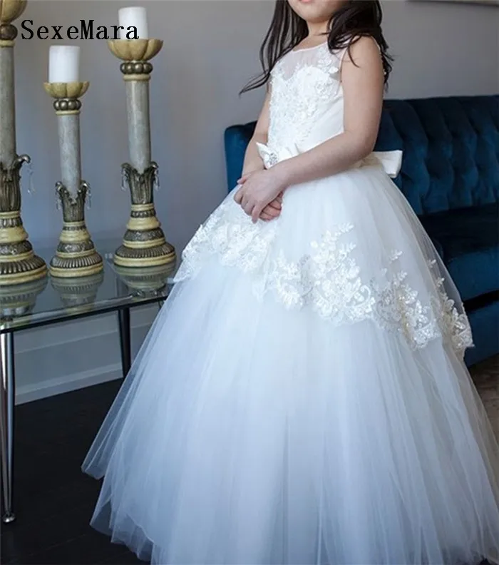 

New High Quality Lace Applique Flower Girl Dress for Weddings Lace Up Back with Ribbon Girls Birthday Dress First Communion Gown