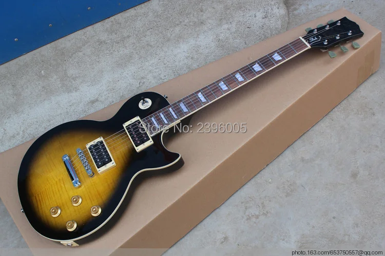 Hot sale LP electric guitar black color circle yellow color,tiger striped maple cover AAA Mahogany body slash signature style