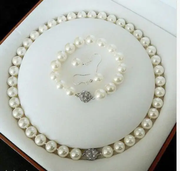 

Hot sale new Style >>>>10MM Natural SOUTH WHITE SEA SHELL PEARL NECKLACE +BRACELET +EARRINGS SET 18" 8