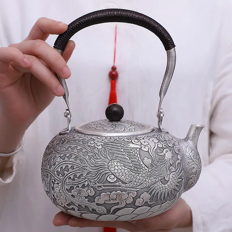 

pure silver Kung Fu tea set, manual production pure silver 999 do old burn water kettle mention beam pot, office gift collection