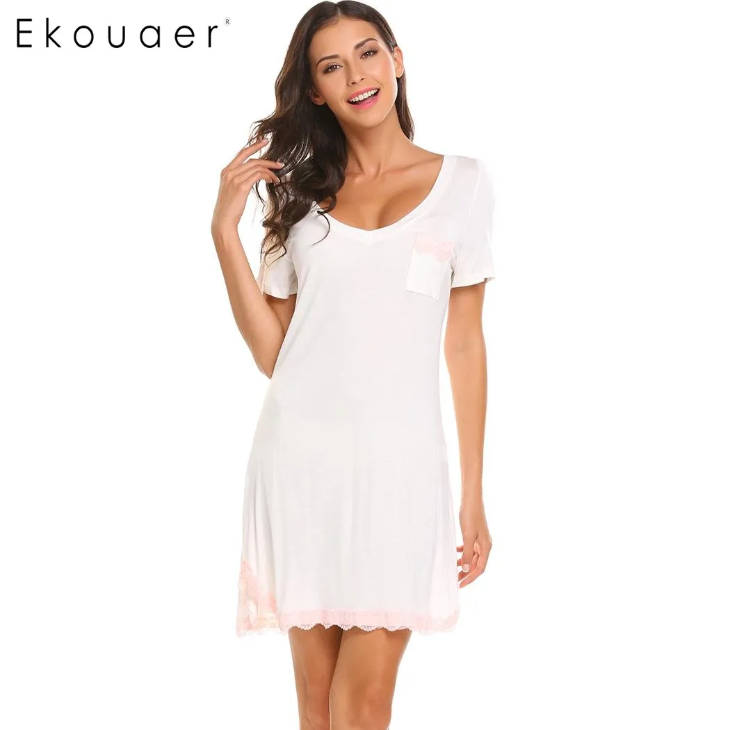Ekouaer ночная рубашка женская с v-образным вырезом короткий рукав кружевная отделка Повседневная Ночная рубашка платье для сна летняя свободная сорочка Пижама XXL