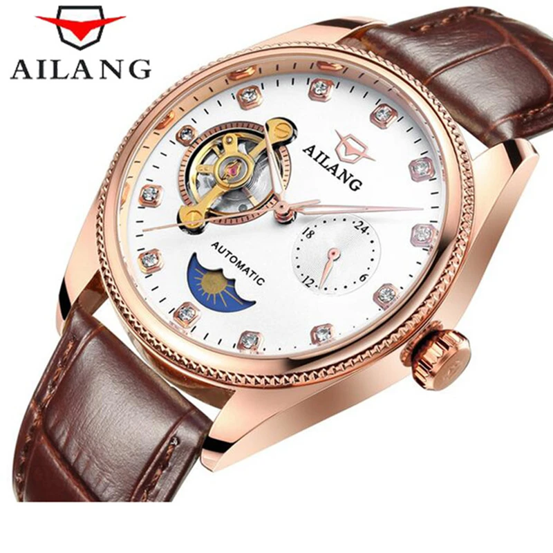 

AILANG Top Brand Luxury Skeleton Tourbillon Men Mechanical Watch Automatic Moon Phase Leather Straps Watches Relogio Masculino