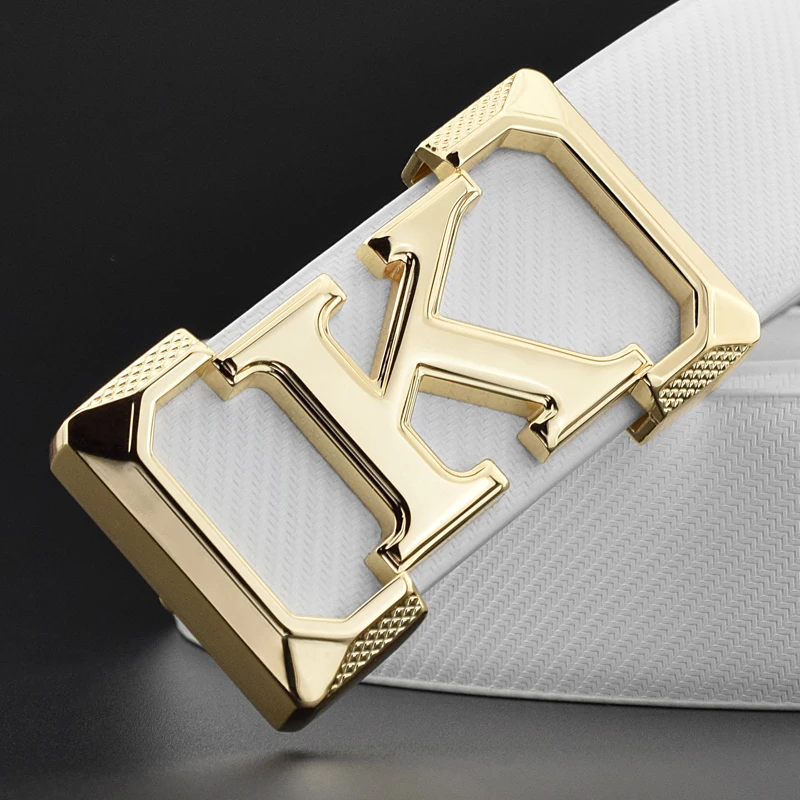 

K letter Casual belt for men White fashion designer belts boy leisure Cowskin Waist Strap genuine leather metal buckle Waistband