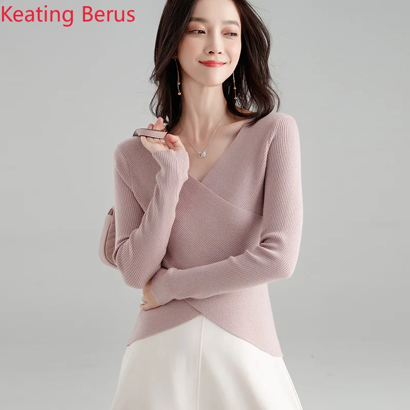 

Women's Spring New Sweater Loose Wool Solid Color Bottoming Shirt Cross-shaped Slim Temperament Elegant Women's Clothing 0907
