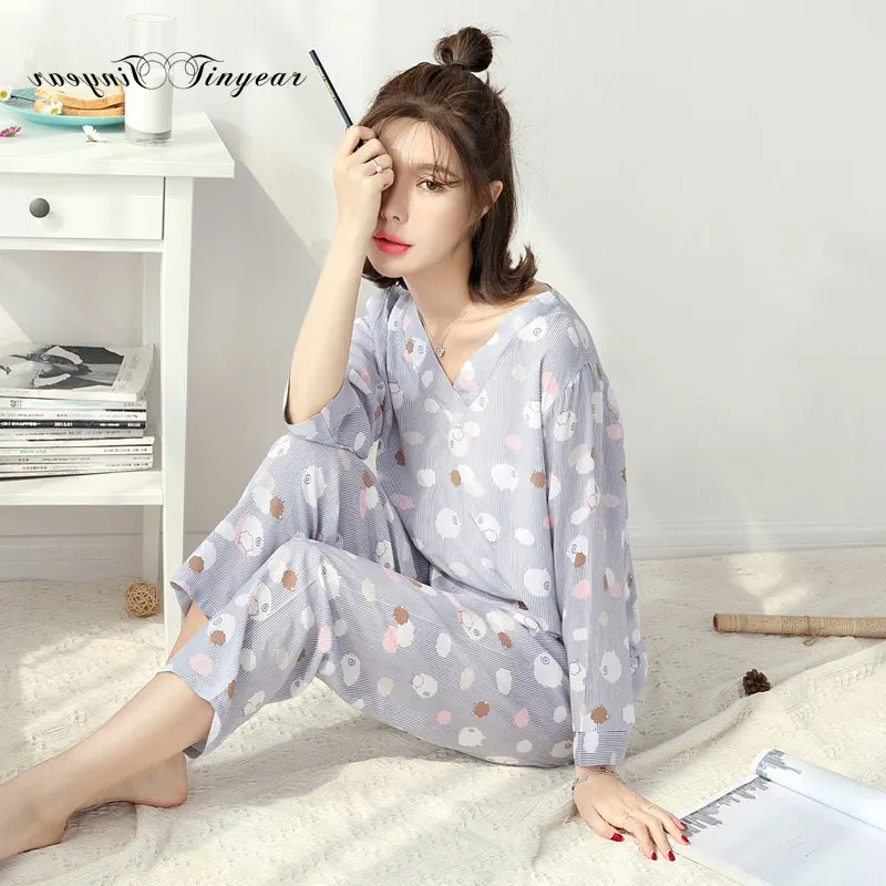 Tinyear Women's Long sleeve Cotton Pajama sets Ladies 2 piece Pajamas