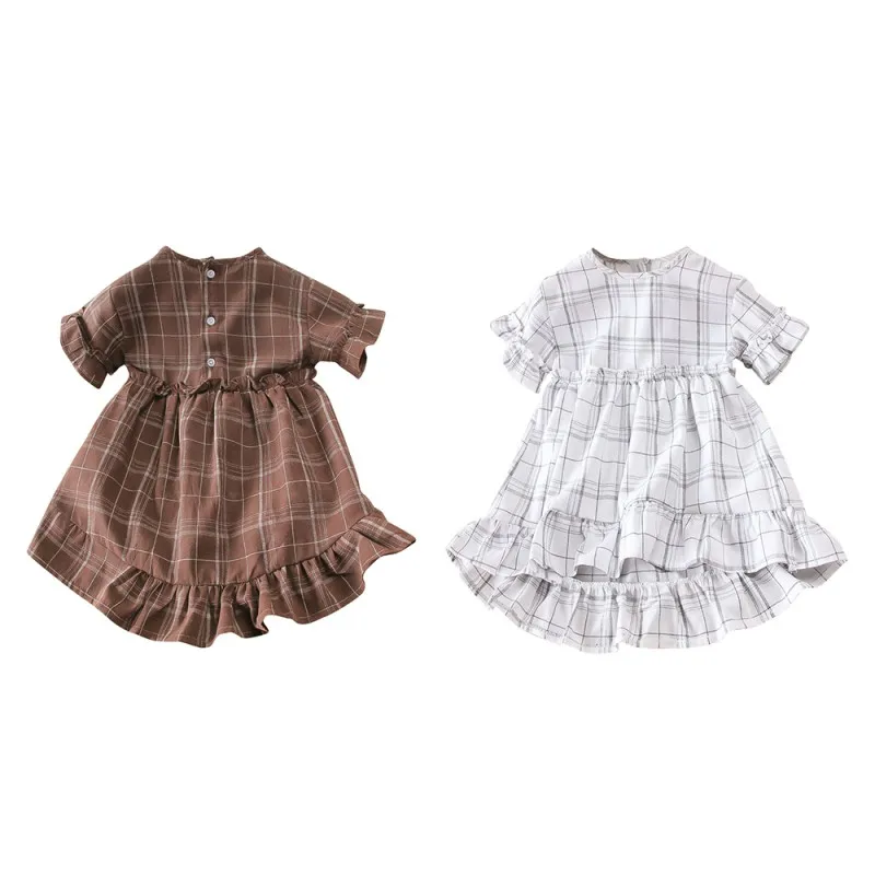 Draped Plaid Petal Short Sleeve Brief Dress Kids Baby Girls Cotton Polyester Dress Hot Sell A-Line Children Summer Dress New