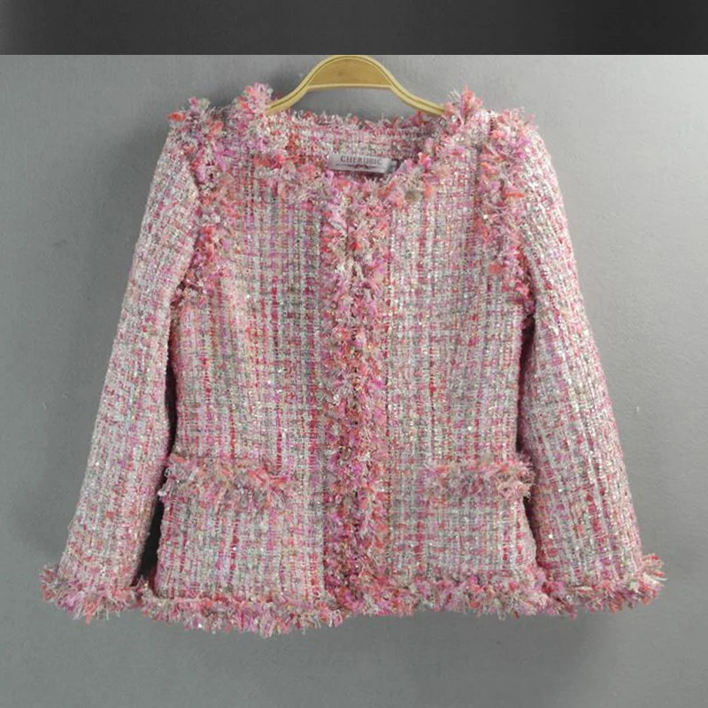 Pink sequined tweed jacket custom 2017 autumn / winter women's woolen jacket Slim new ladies 