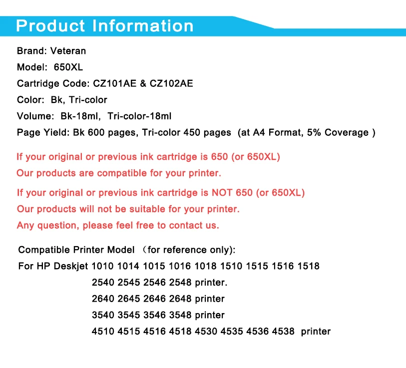 Черный Сменный картридж Veteran 650XL для hp 650 xl hp650 чернильный Deskjet 1015 1515 2515 2545 2645 3515 4510