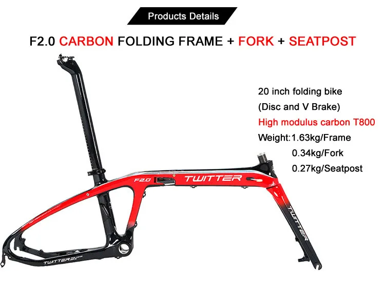Clearance Twitter F2.0 T800 Carbon BMX Folding Bike Frame 20 Inch Wheels Portable Folding Bicycle Cycling Frame 20er Disc and V Brake 8