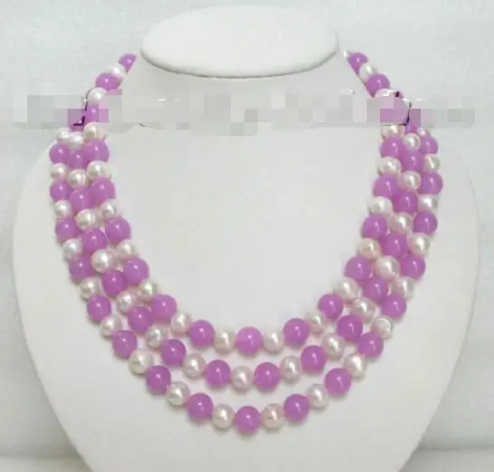 

Free Shipping >>17" 3row String purple jade white pearls necklace
