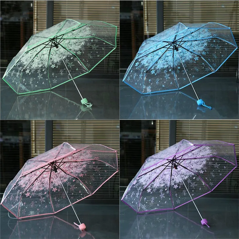 4 Color Women's Rain Umbrella Transparent Clear Cherry Blossom Mushroom Apollo Sakura Printed Three-folding Umbrella AU10#F (13)