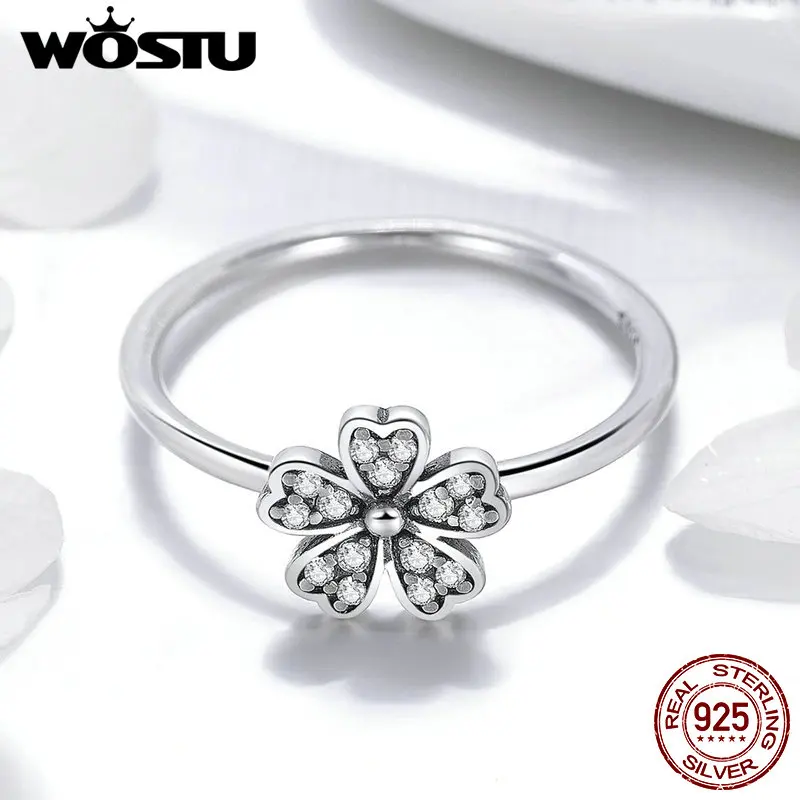 WOSTU, настоящее 925 пробы, серебряное, женское, прозрачное, Кристальное, CZ, ромашка, кольцо на палец для женщин, вечерние, на свадьбу, серебряное, с цветком, ювелирное изделие CQR398