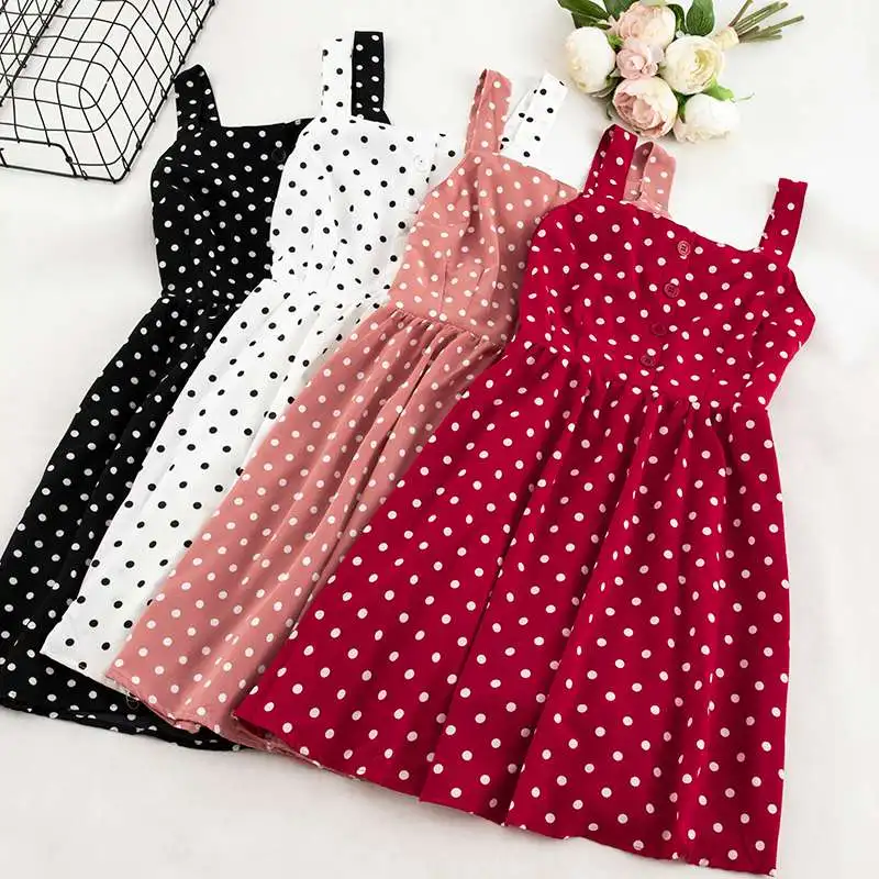 

Mferlier Mori Girl Chiffon Dress Slash Neck Sleeveless Buttons Elastic High Waist Beach Dress Dot Print Ladies Mini Sundress