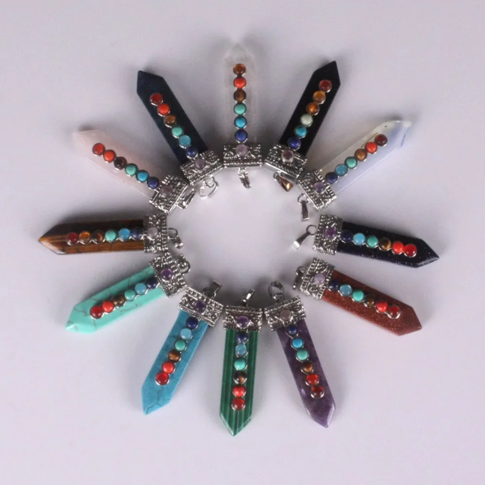 

Natural 7 Colorful Stone Beads Reiki Chakra Healing Pendulum Pendant Charms Flat Point Amatista Turquoise Crystal Amulet Pendant