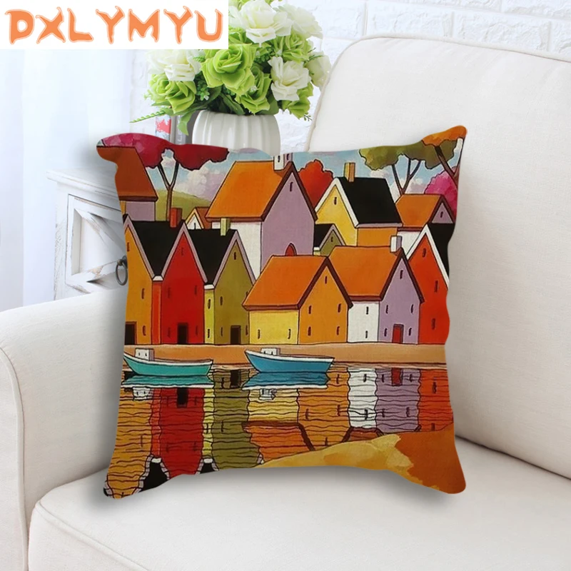 

House Painting Decorative Pillowcase 45x45cm Luxury Linen Cotton Throw Pillow Case Bedroom Home Office