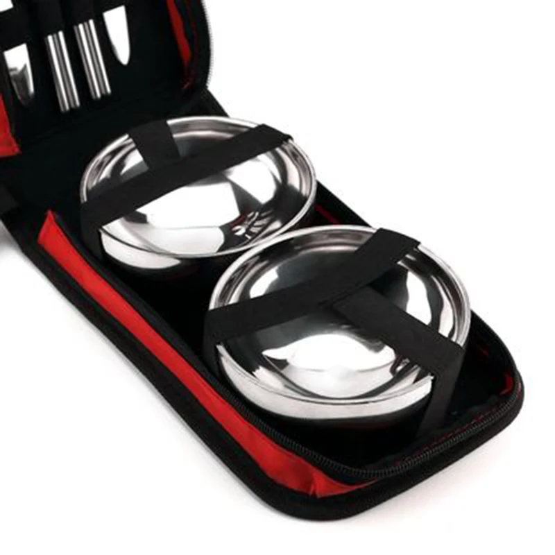 Juego de vajilla de acero inoxidable tri-polar cuencos tenedor cucharas palillos vajilla con bolsa de almacenamiento para Camping Picnic Cocina