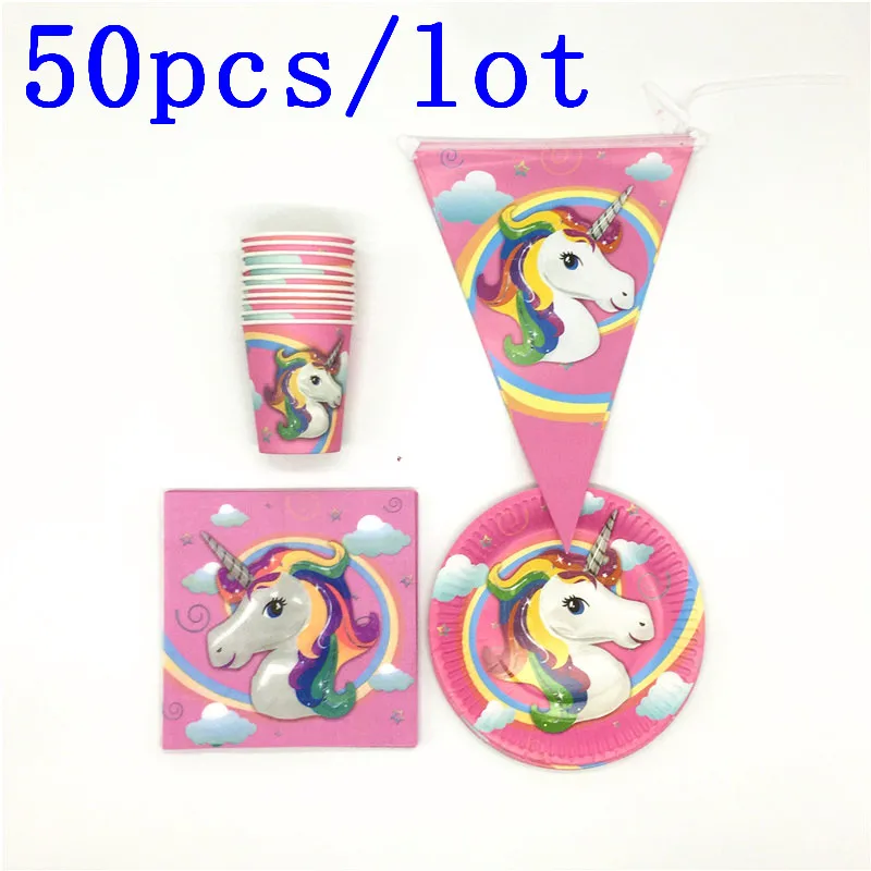 

Pink Unicorn Theme Design Disposable Tableware Sets Paper Plates+Cups+Napkins+Flags Kids Birthday Decoration Supplies 50Pcs /Lot