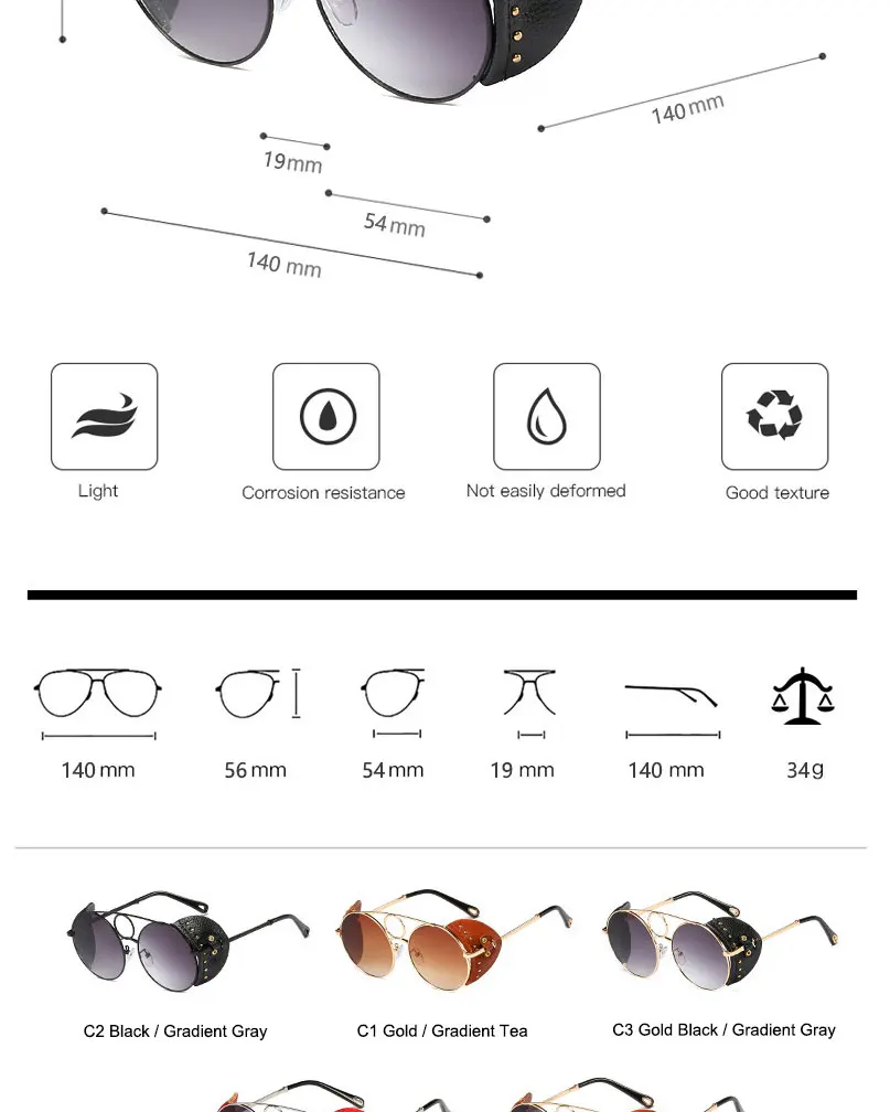 SIMPRECT круглые стимпанк Солнцезащитные очки для женщин и мужчин модные готические панк черные кожаные Солнцезащитные очки Ретро винтажные брендовые солнцезащитные очки