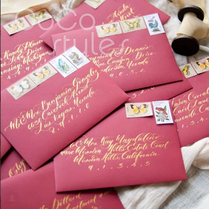  Cocostyles personalized beautiful gold foiling burgundy envelope with match invitation card for all - 32890641355